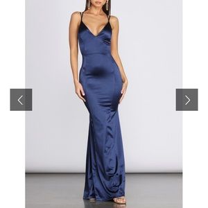 Long Navy Blue Satin Gown